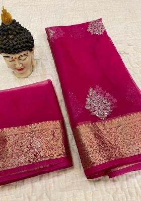 Rani Pink Embroidered Organza Saree Set