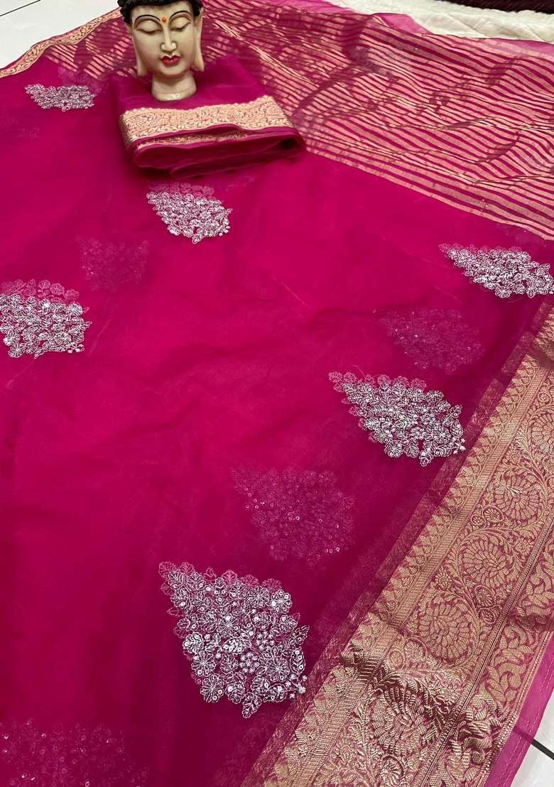Rani Pink Embroidered Organza Saree Set for Diwali and Festive Wear - Indya