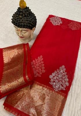 Red Embroidered Organza Saree Set