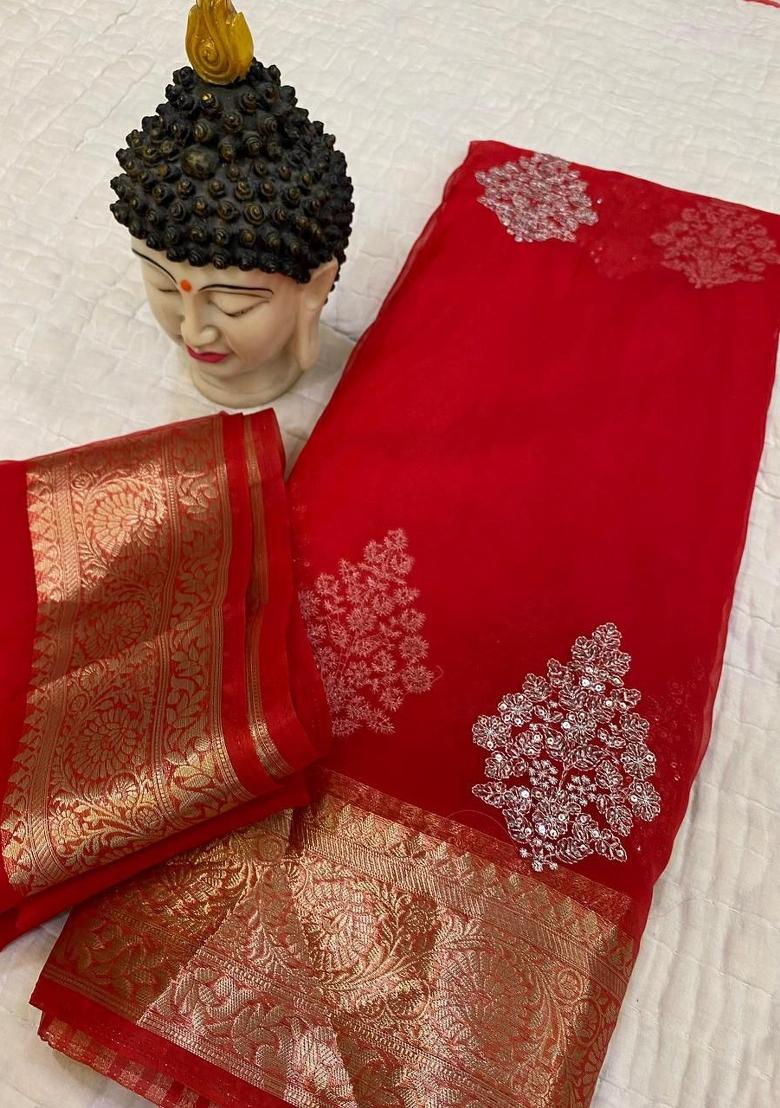Red Embroidered Organza Saree Set