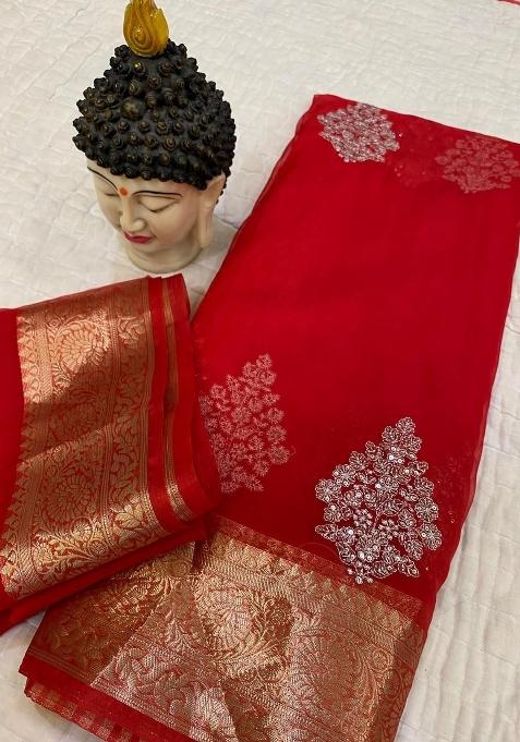 Red Embroidered Organza Saree Set