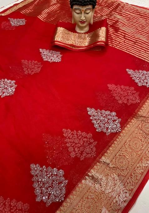 Red Embroidered Organza Saree Set