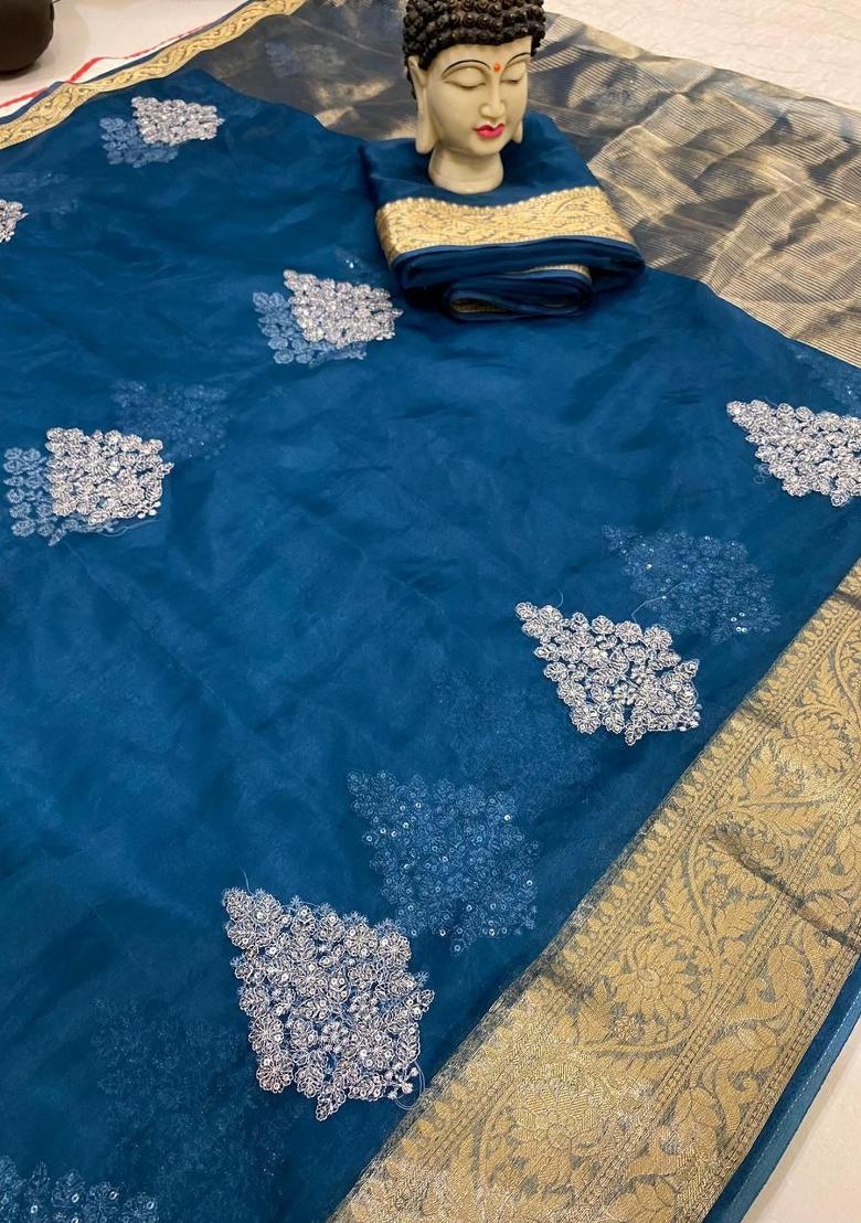 Teal Blue Embroidered Organza Saree Set