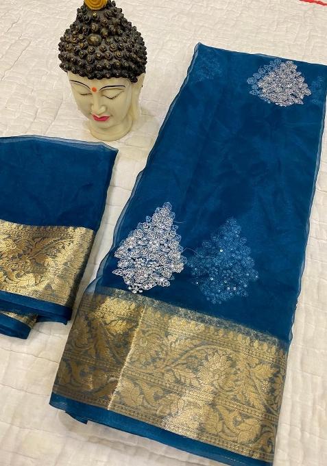 Teal Blue Embroidered Organza Saree Set