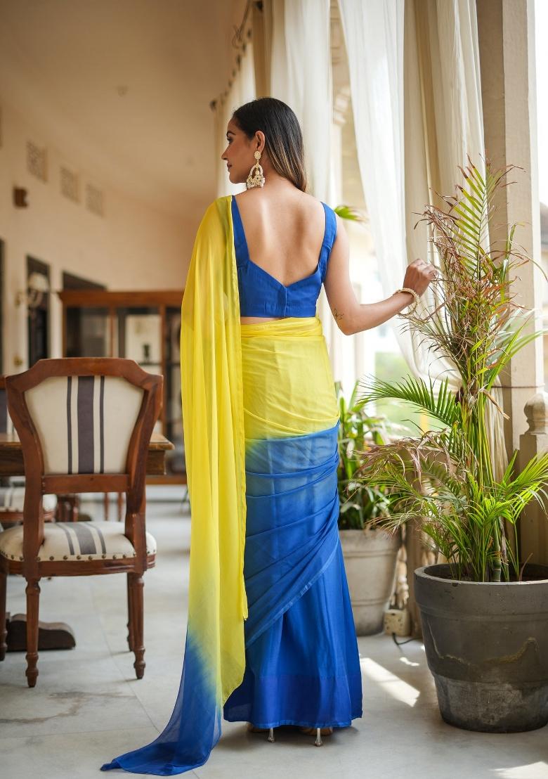 Yellow Ombre Pattern Georgette Saree Set