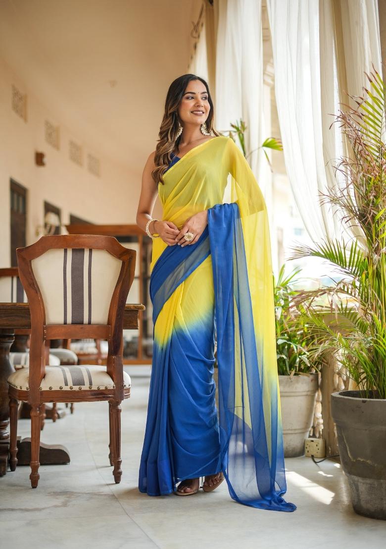 Yellow Ombre Pattern Georgette Saree Set