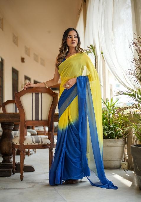 Yellow Ombre Pattern Georgette Saree Set