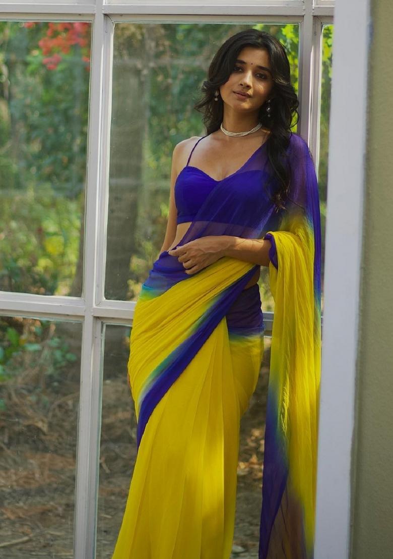 Yellow Ombre Pattern Georgette Saree Set