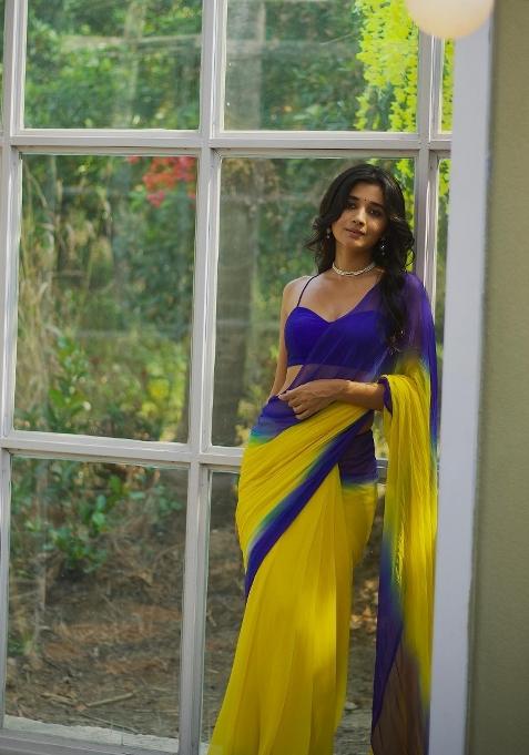 Yellow Ombre Pattern Georgette Saree Set