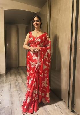 Red Digital Print Satin Silk Saree Set