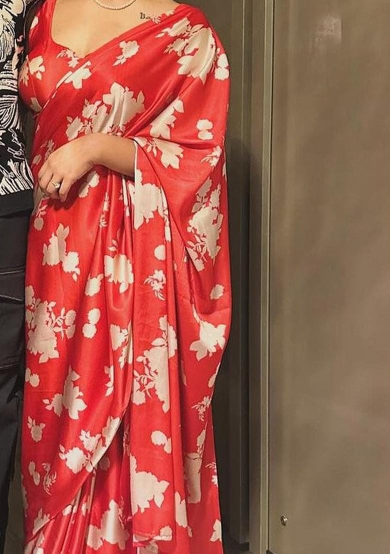 Red Digital Print Satin Silk Saree Set