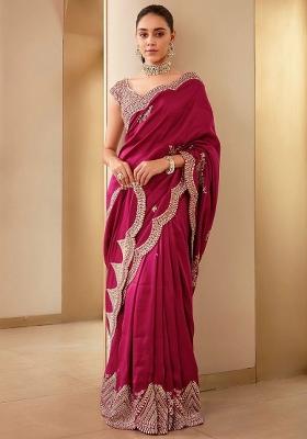 Rani Pink Embroidered Vichitra Silk Saree Set