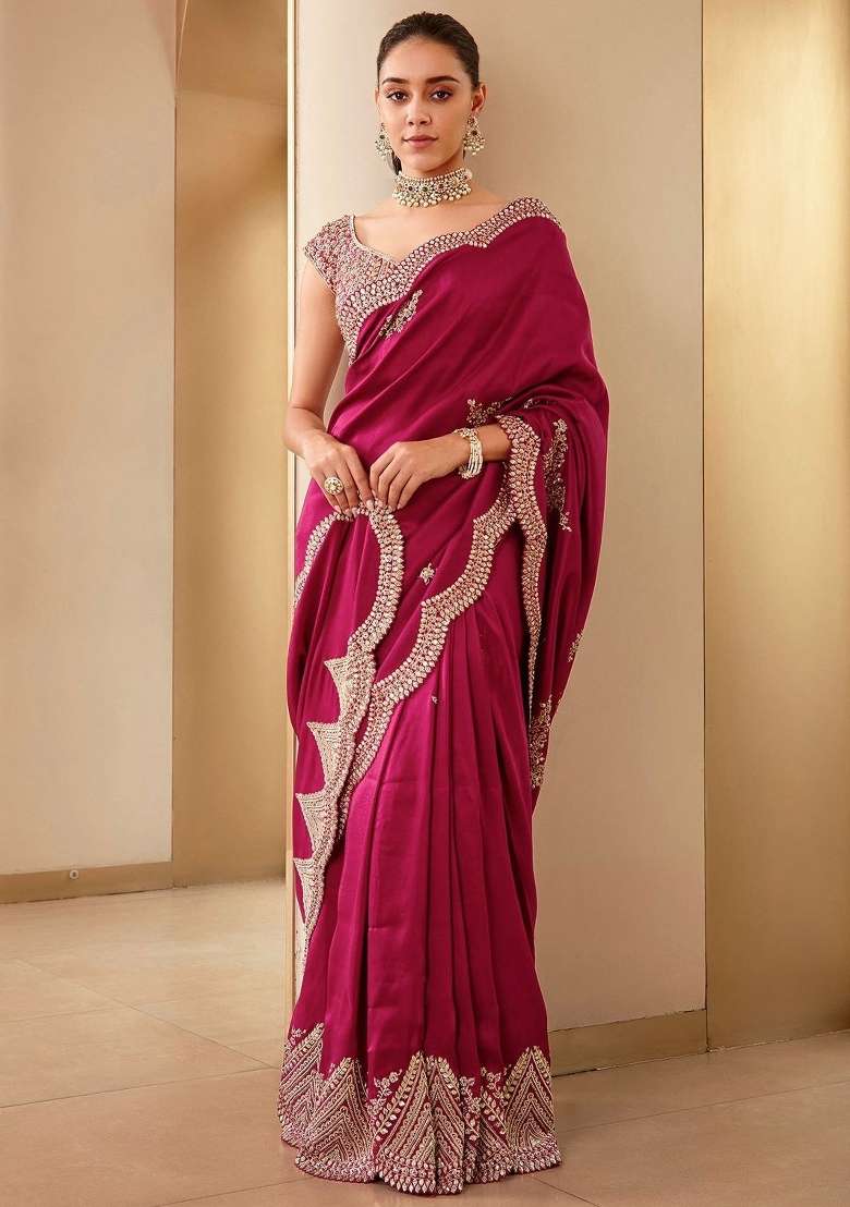 Rani Pink Embroidered Vichitra Silk Blend Saree Set for Diwali and Festive Wear - Indya
