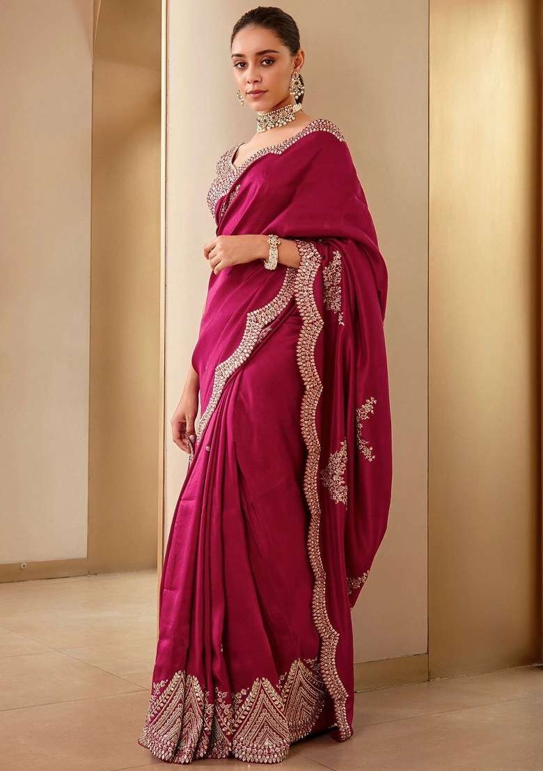 Rani Pink Embroidered Vichitra Silk Blend Saree Set for Diwali and Festive Wear - Indya