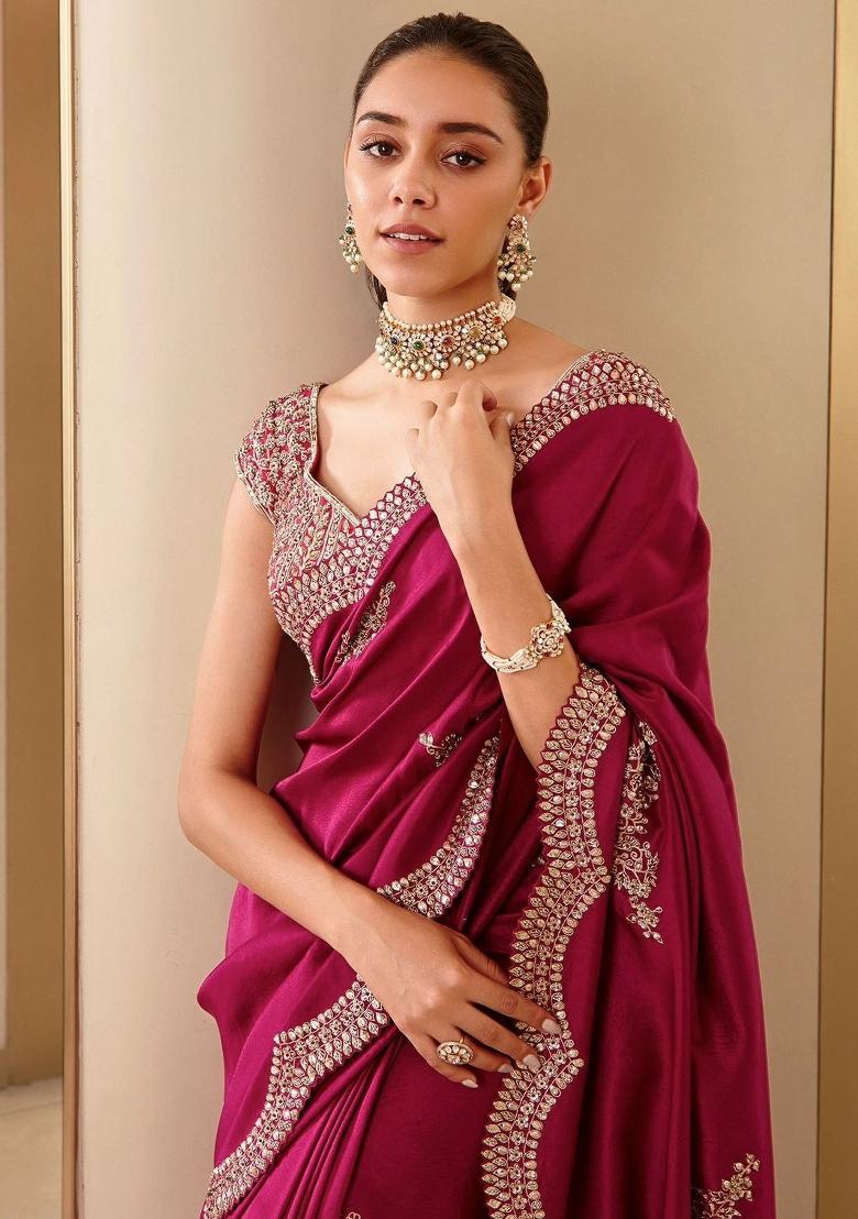 Rani Pink Embroidered Vichitra Silk Saree Set