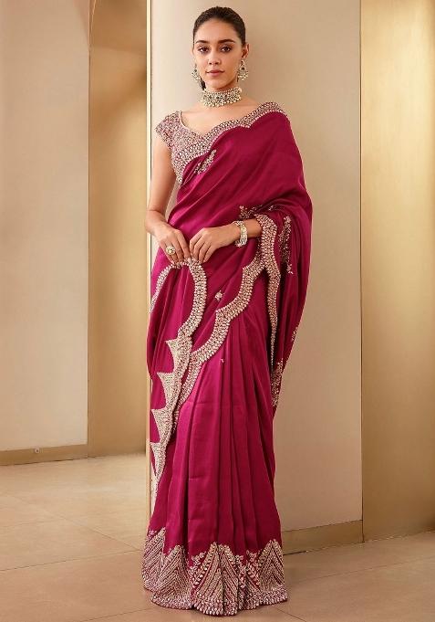 Rani Pink Embroidered Vichitra Silk Saree Set