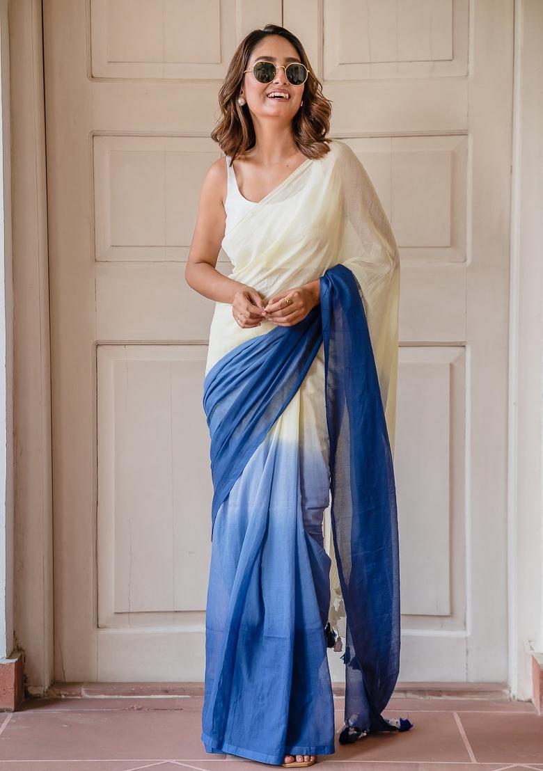 Blue Ombre Pattern Mul Chanderi Linen Cotton Saree Set