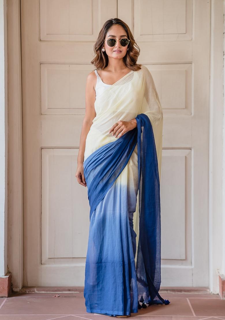 Blue Ombre Pattern Mul Chanderi Linen Cotton Saree Set