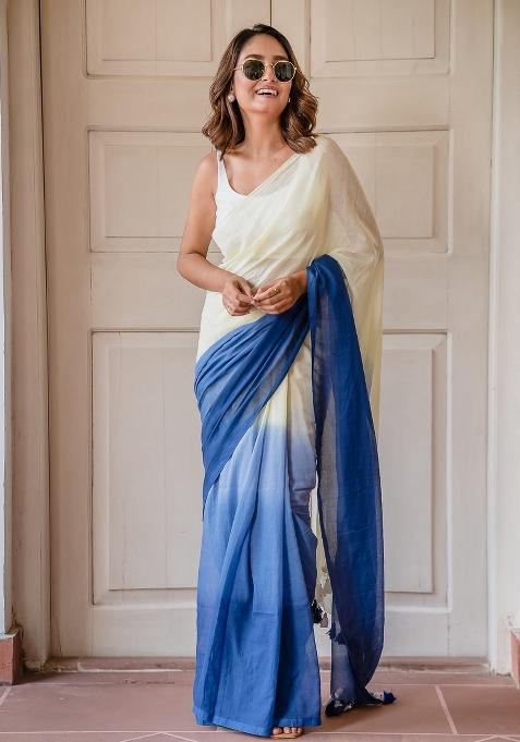 Blue Ombre Pattern Mul Chanderi Linen Cotton Saree Set