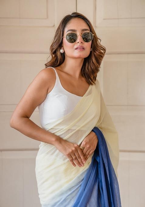 Blue Ombre Pattern Mul Chanderi Linen Cotton Saree Set