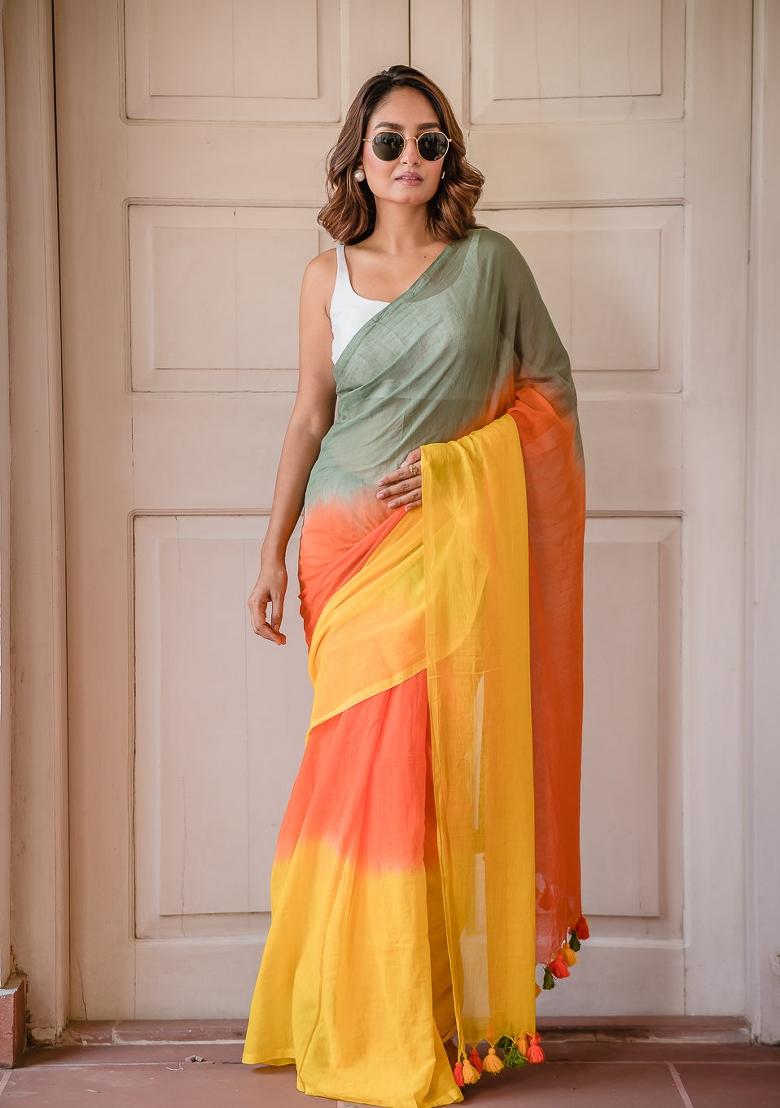 Multicolor Ombre Pattern Mul Chanderi Linen Cotton Saree Set