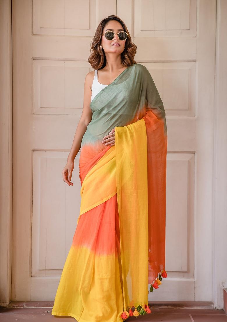 Multicolor Ombre Pattern Mul Chanderi Linen Cotton Saree Set