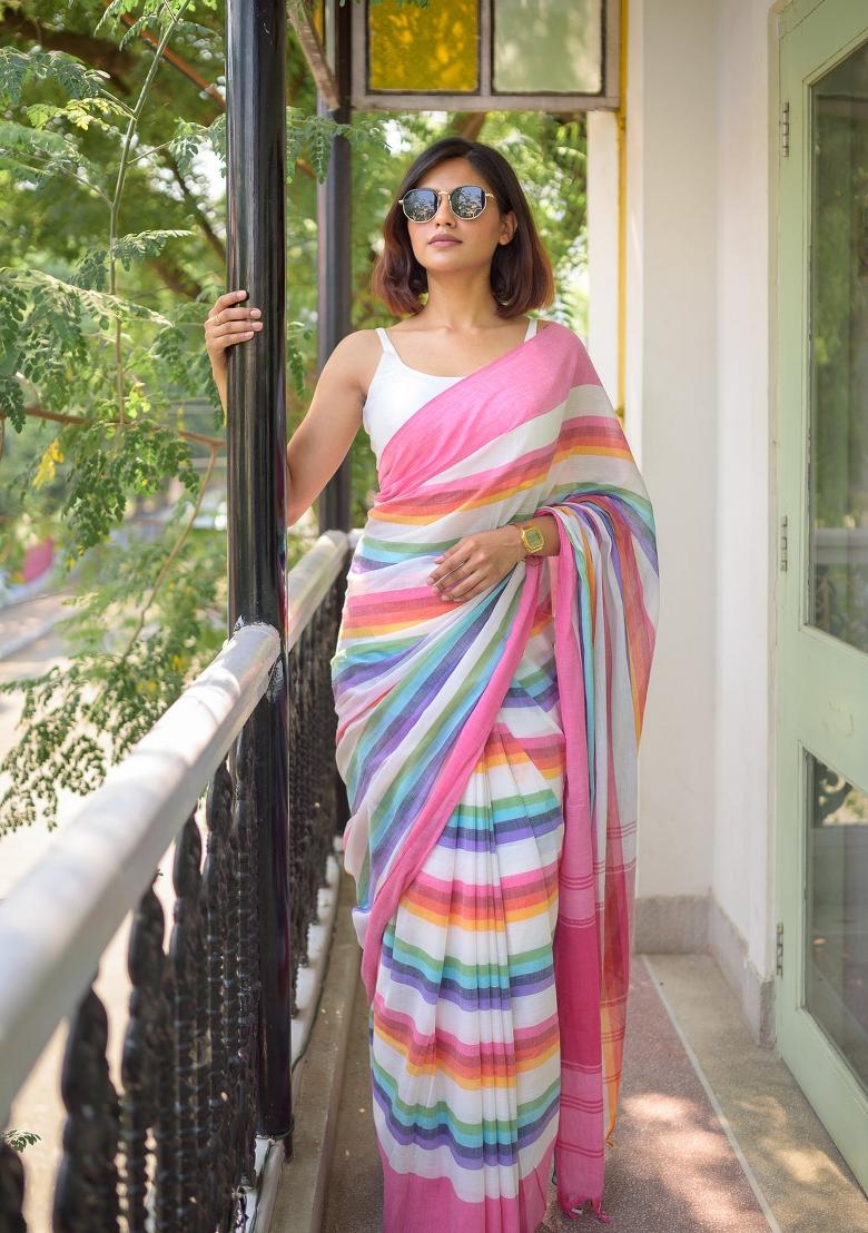 Multicolor Ombre Pattern Mul Chanderi Linen Cotton Saree Set