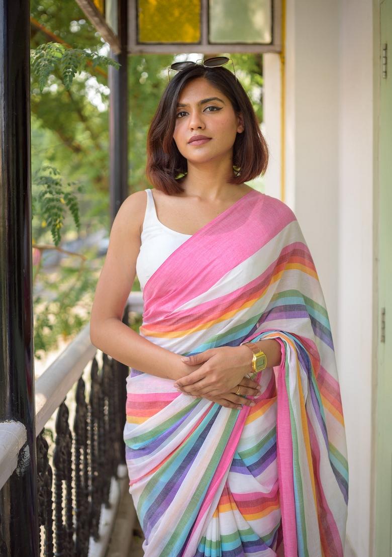 Multicolor Ombre Pattern Mul Chanderi Linen Cotton Saree Set