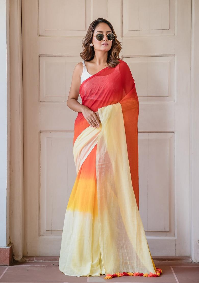 Multicolor Ombre Pattern Mul Chanderi Linen Cotton Saree Set