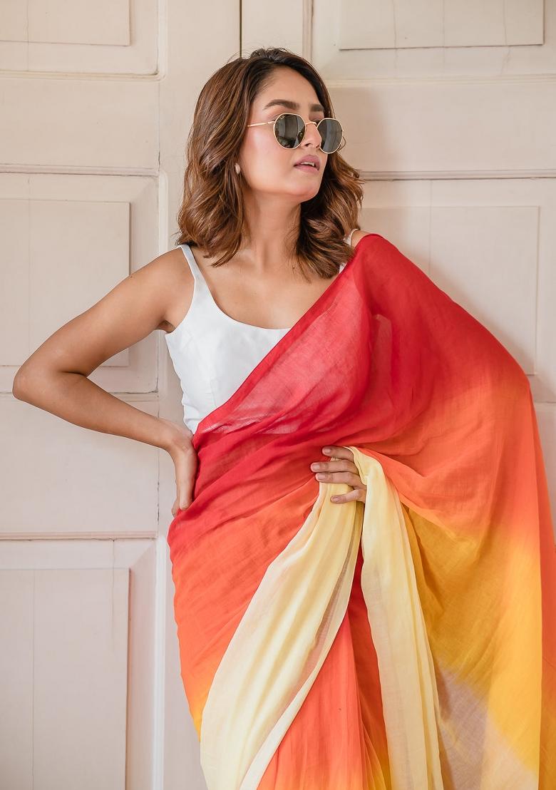 Multicolor Ombre Pattern Mul Chanderi Linen Cotton Saree Set