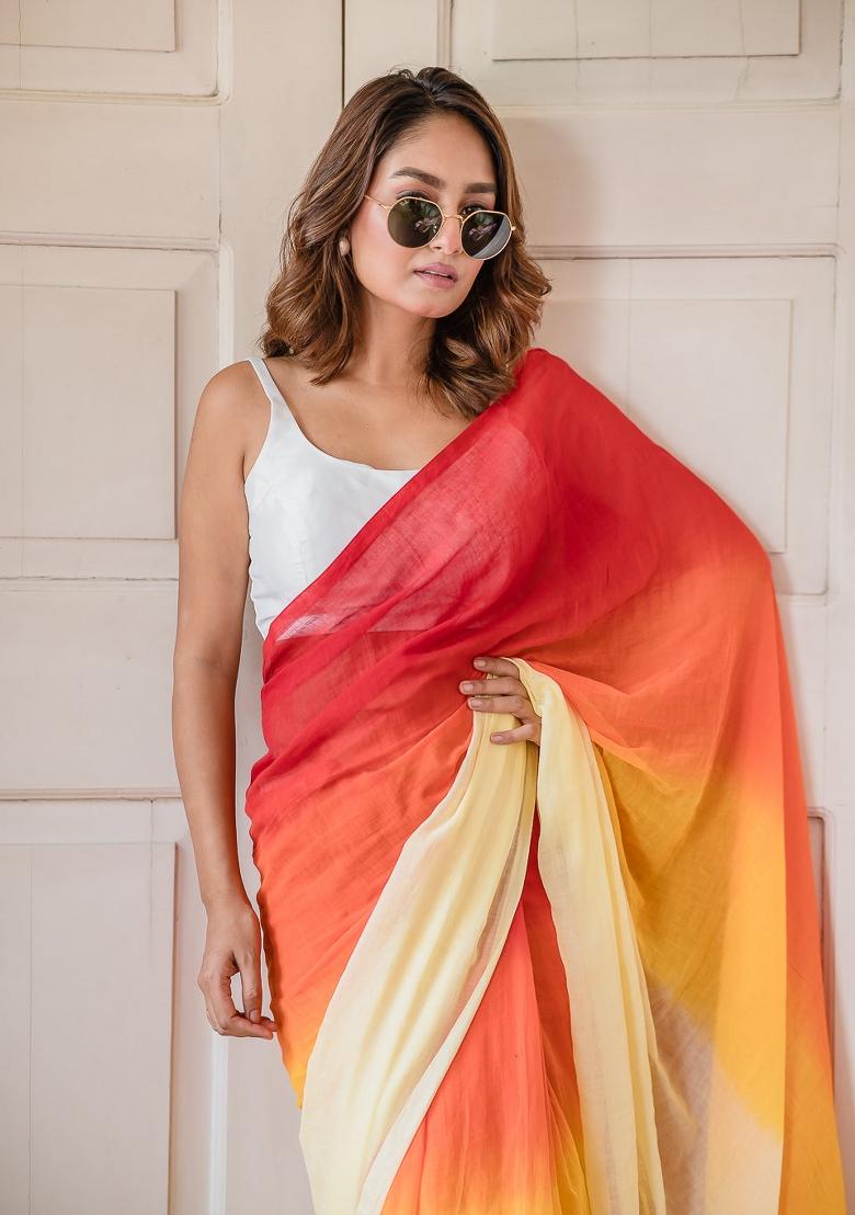 Multicolor Ombre Pattern Mul Chanderi Linen Cotton Saree Set