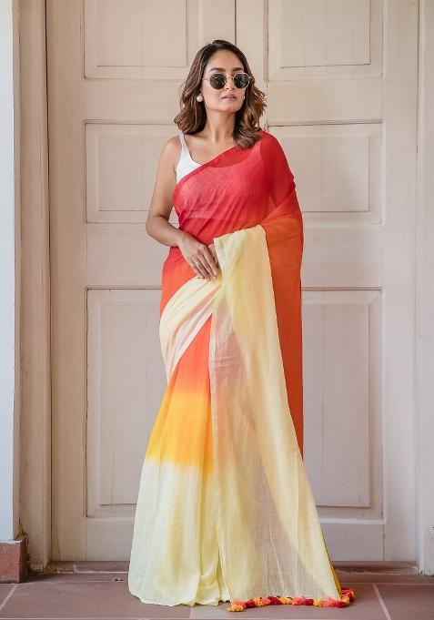 Multicolor Ombre Pattern Mul Chanderi Linen Cotton Saree Set