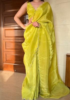Lime Yellow Motif Handwork Jimmy Choo Saree Set