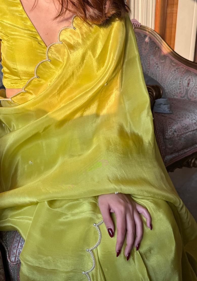 Lime Yellow Motif Handwork Jimmy Choo Saree Set