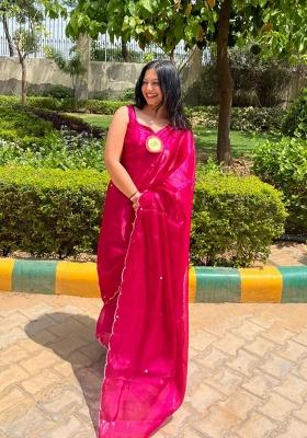 Rani Pink Motif Handwork Jimmy Choo Saree Set