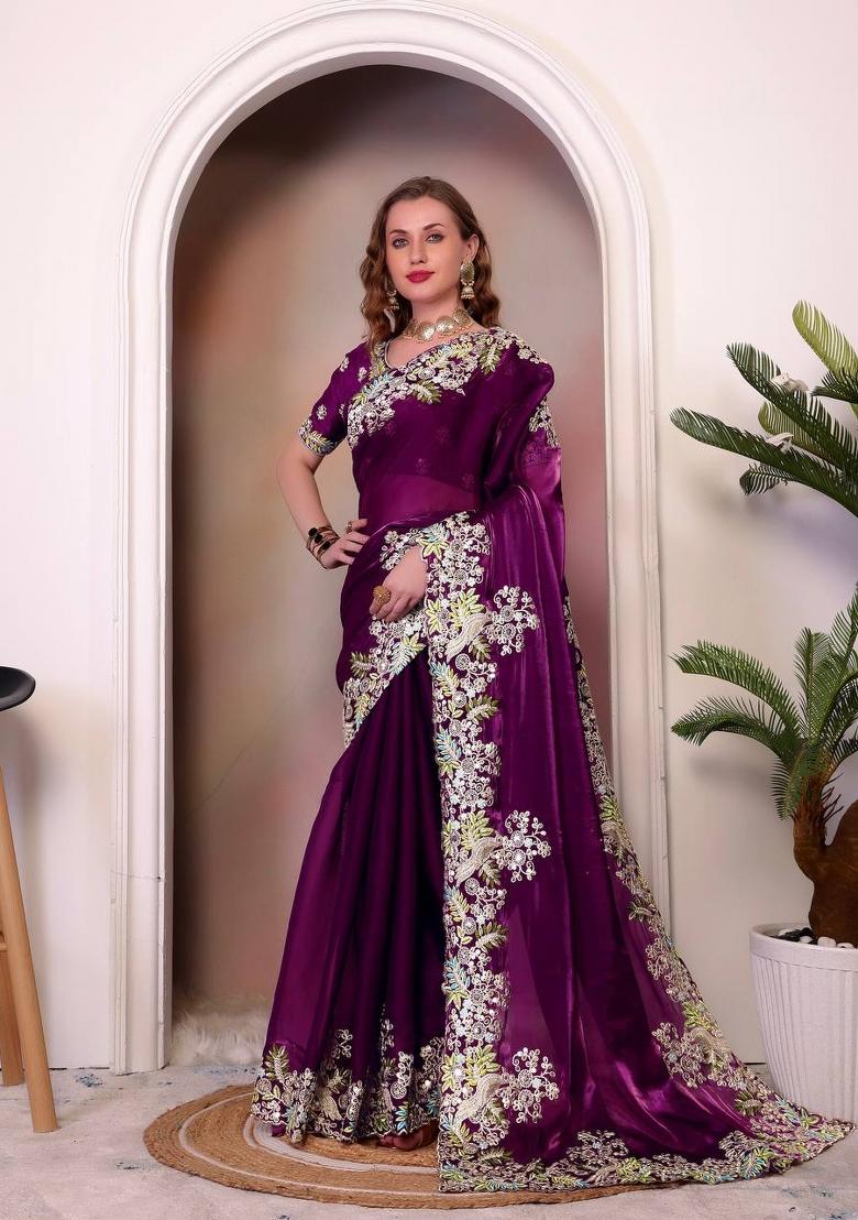 Magenta Embroidered Jimmy Choo Saree Set