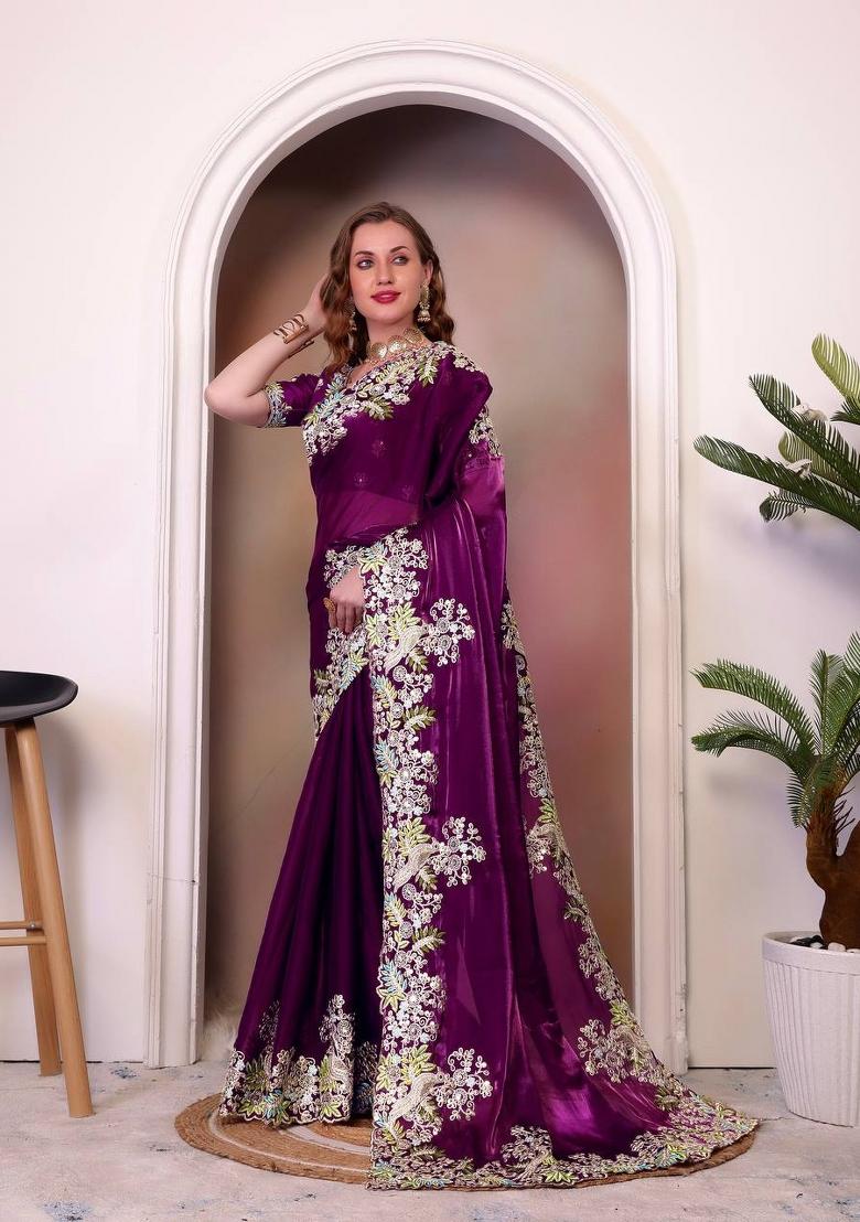 Purple Embroidered Jimmy Choo Saree Set