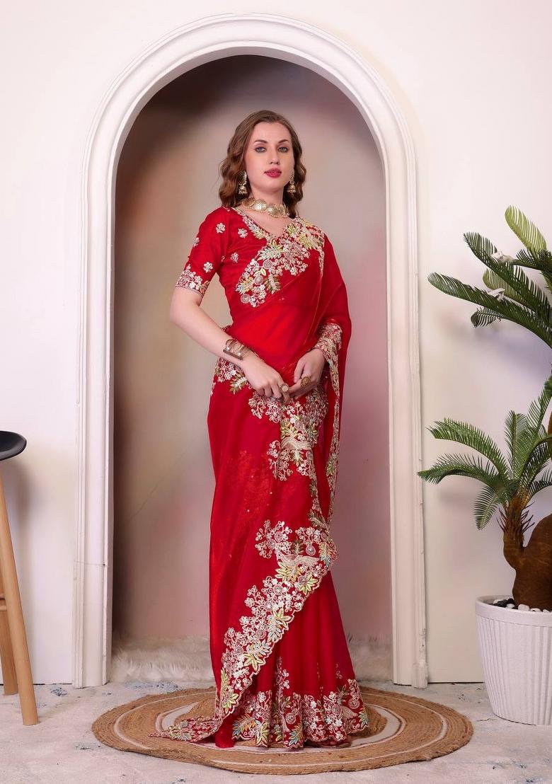 Red Embroidered Jimmy Choo Saree Set