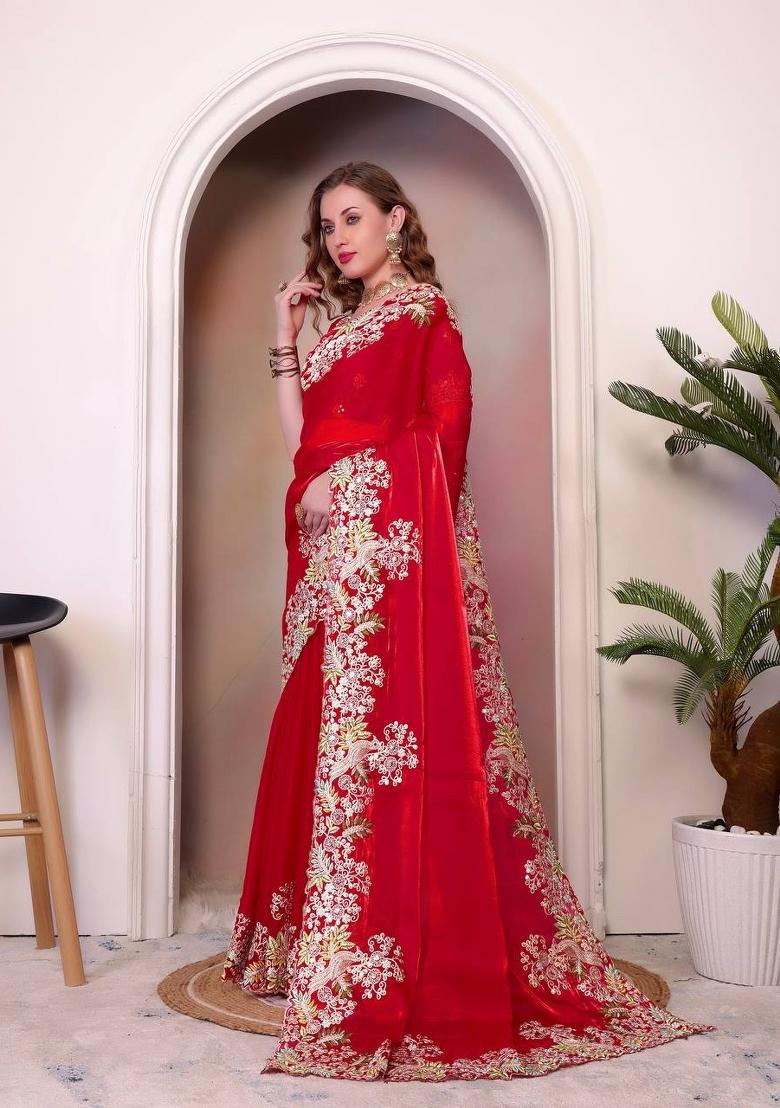 Red Embroidered Jimmy Choo Saree Set