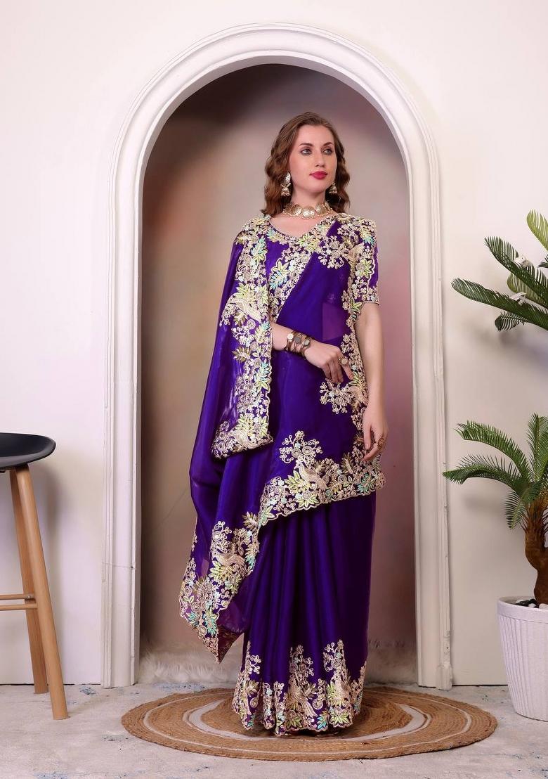 Blue Embroidered Jimmy Choo Saree Set