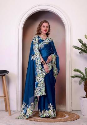 Teal Blue Embroidered Jimmy Choo Saree Set