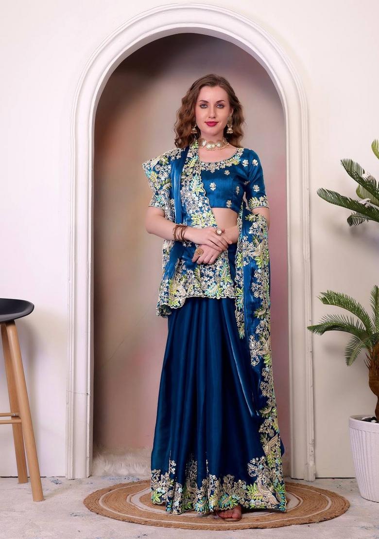 Teal Blue Embroidered Jimmy Choo Saree Set