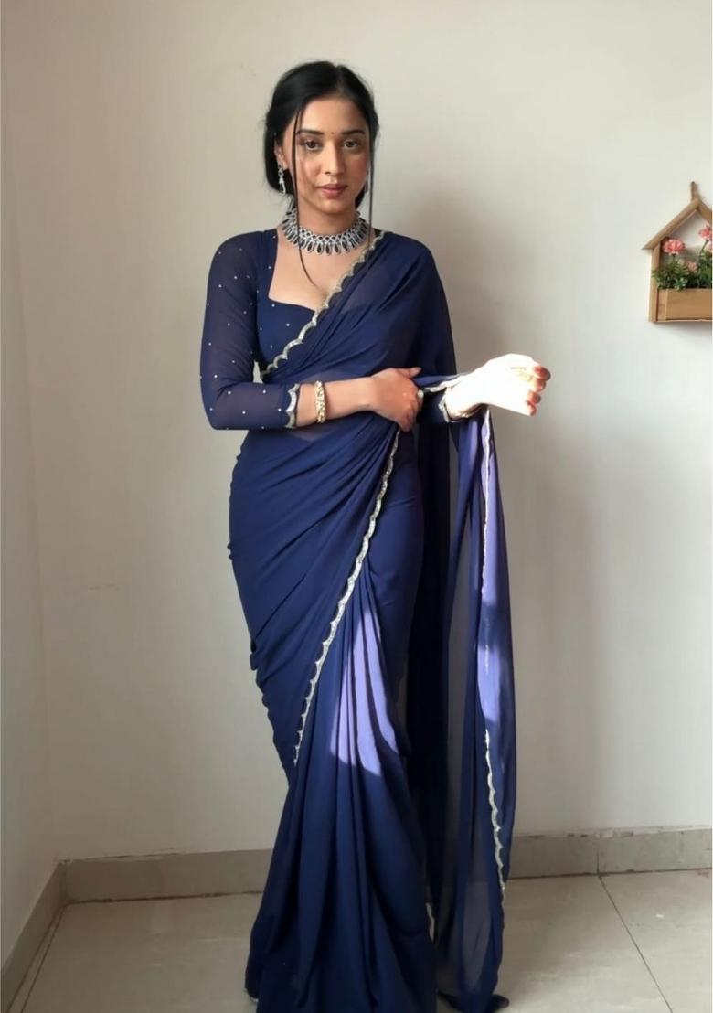 Dark Blue Handwork Georgette Saree Set
