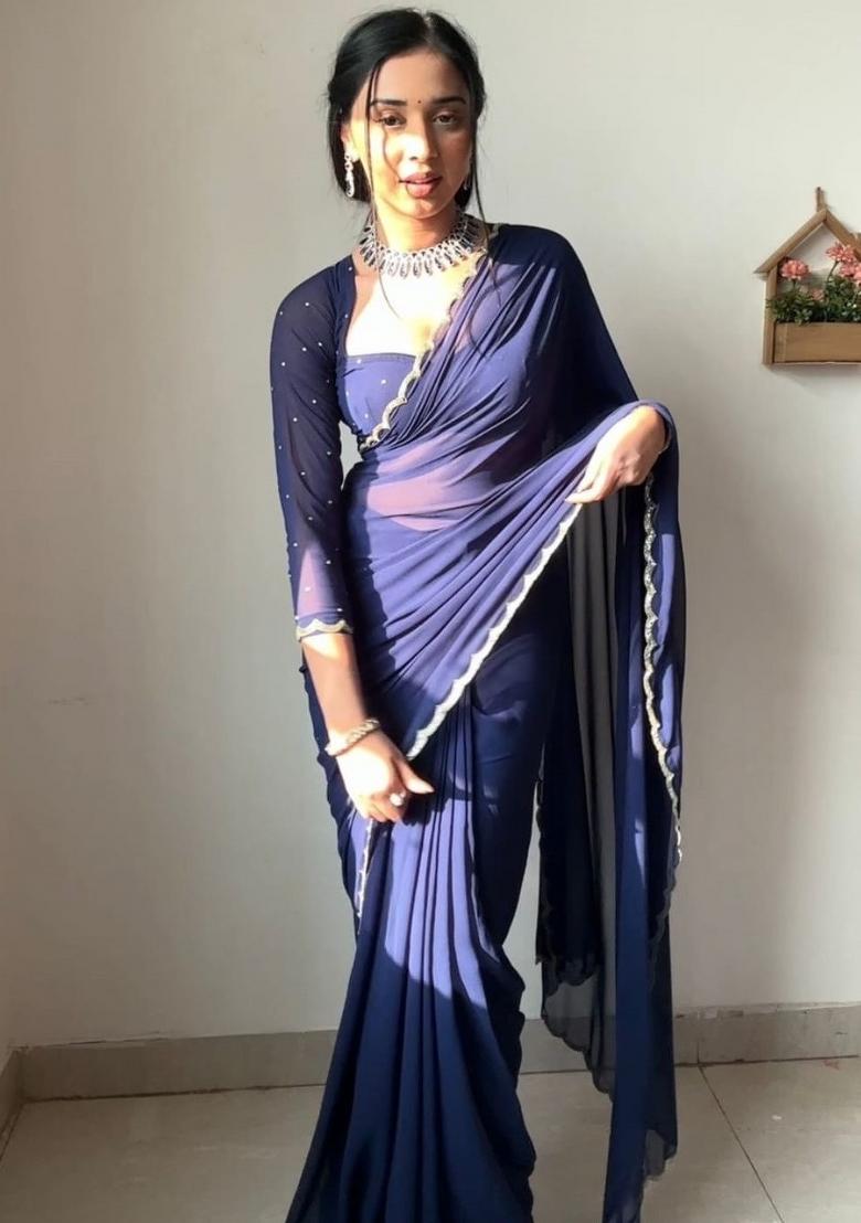 Dark Blue Handwork Georgette Saree Set