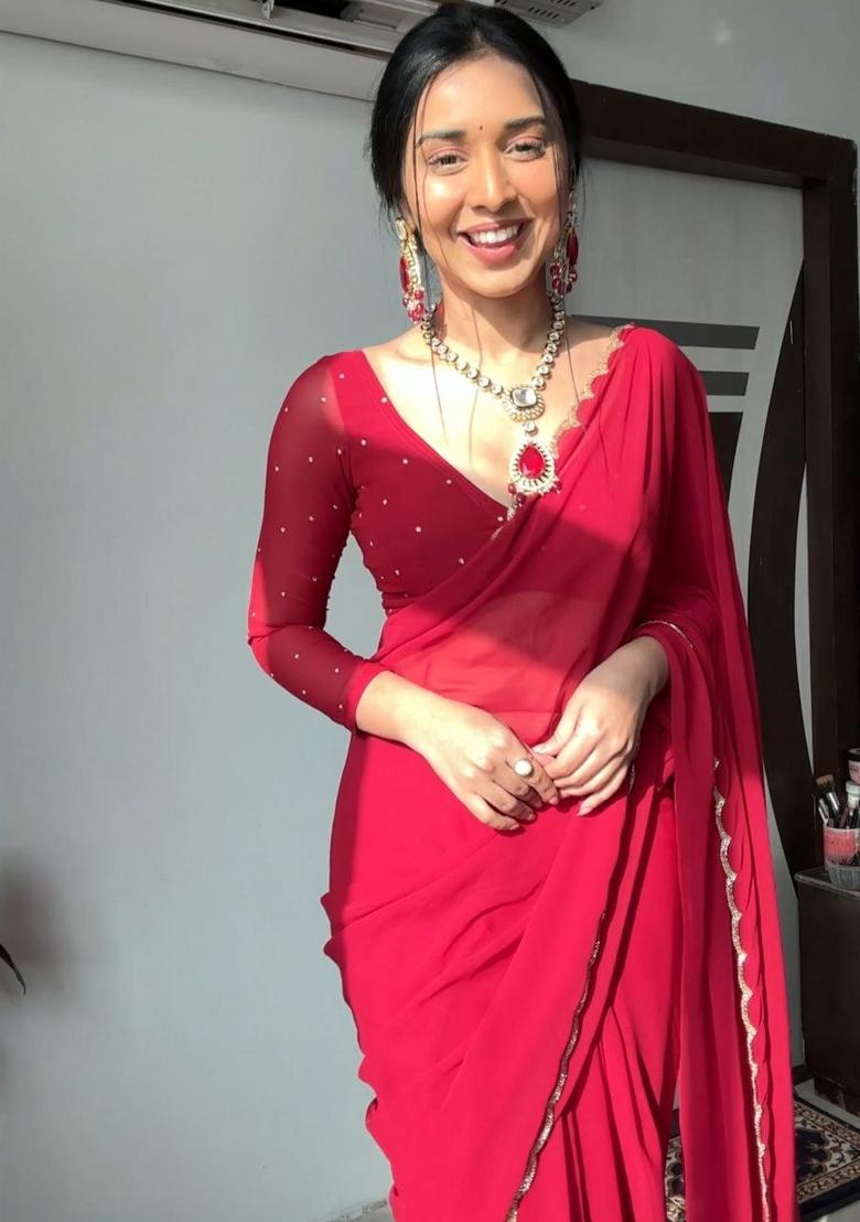 Dark Red Handwork Georgette Saree Set