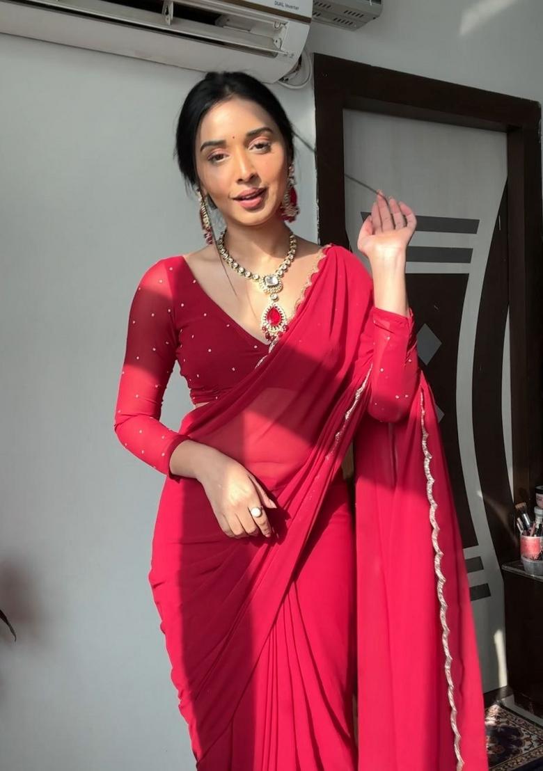 Dark Red Handwork Georgette Saree Set