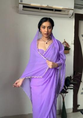 Lavender Handwork Georgette Saree Set