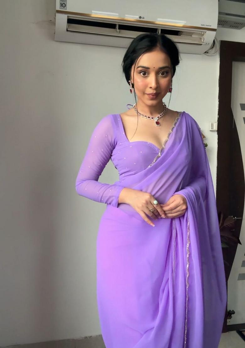 Lavender Handwork Georgette Saree Set