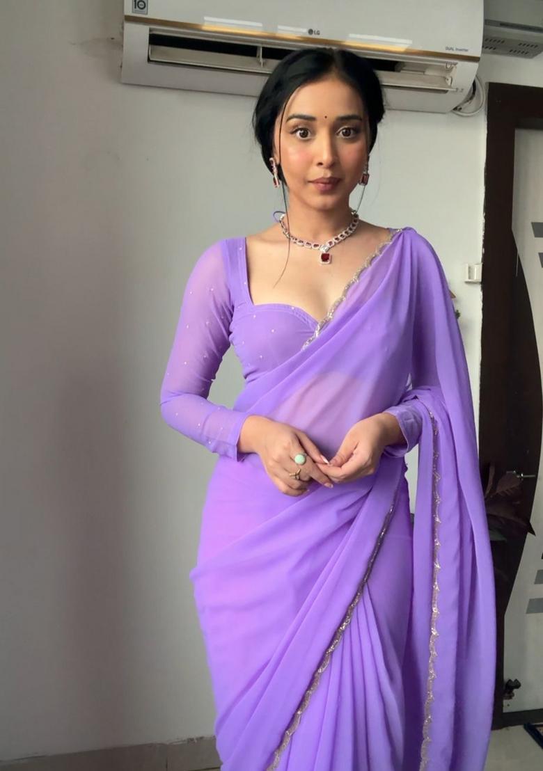 Lavender Handwork Georgette Saree Set