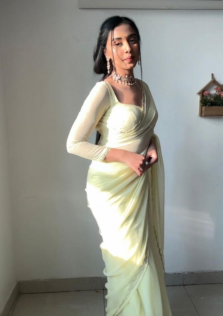 Lime Yellow Handwork Georgette Saree Set